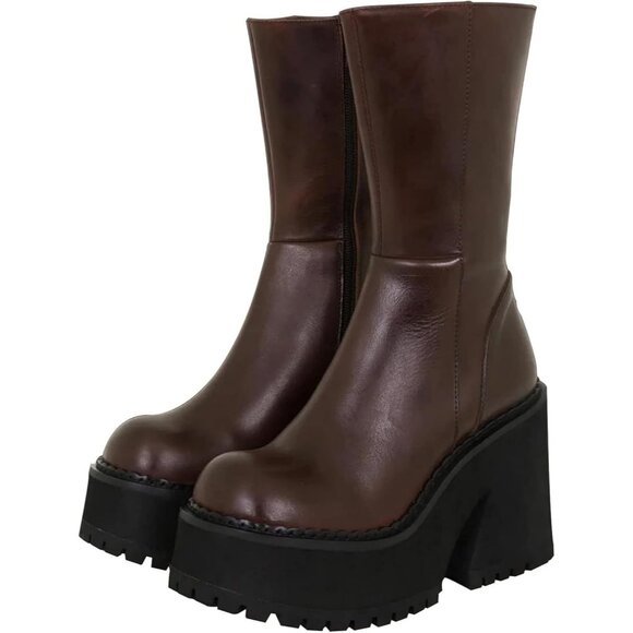 Shoes - ⚡Women's A-brown Prime Synthetic Wedge Heel Ankle High Platform Zipper Punk Boot
